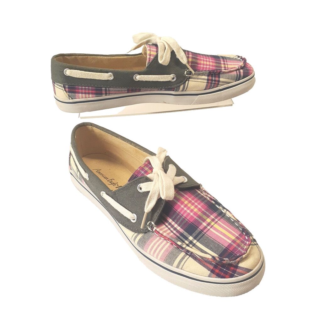 American Eagle Women Sz 9 Boat Loafers Plaid Pink Ivory Navy Blue Lace up Shoes